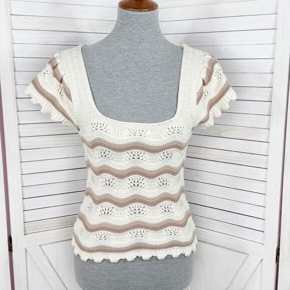Jessica Simpson Y2K Crochet Flutter Sleeve Striped Top Cream Tan Small Boho - Picture 1 of 12